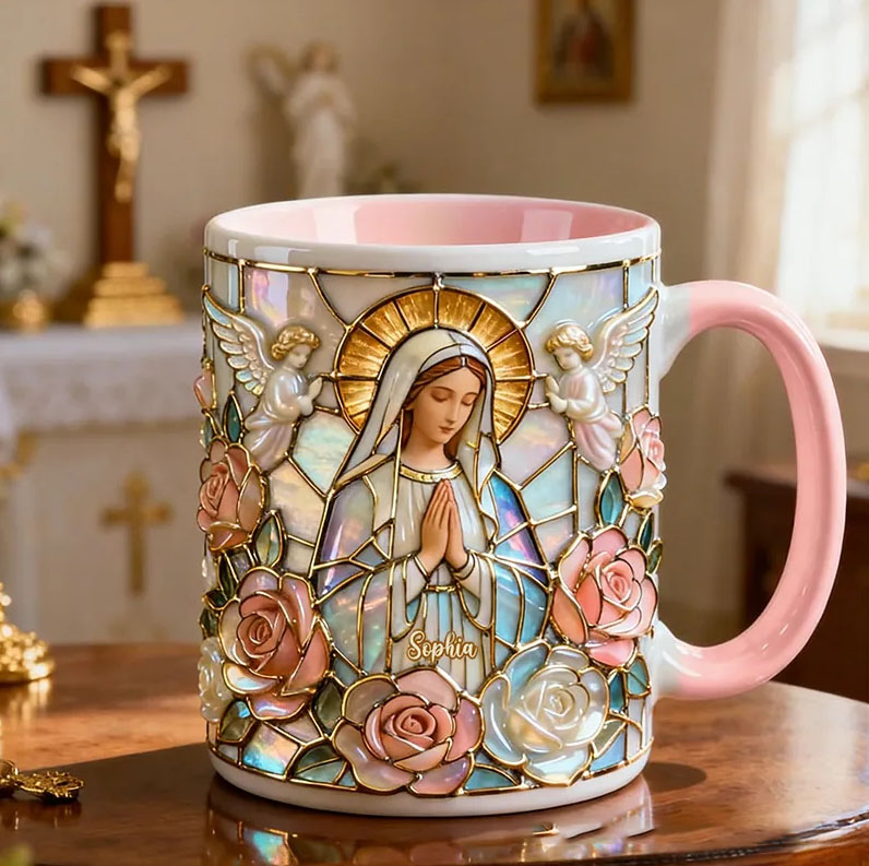 Personalized Believe Virgin Mary 11oz Ceramic Mug with Custom Name Religious 3D Coffee Mug Catholic Gift for Women
