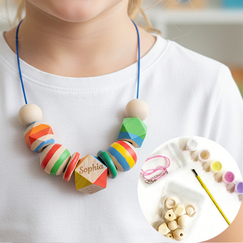 Personalized DIY Wooden Necklace Painting Kit for Kids Custom Name Necklace for Children Creative Craft for Ages 3+ Princess Jewelry DIY Craft