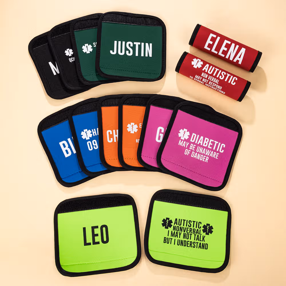 Personalized Multicolor Emergency Alert Carseat Straps with Name and Text Set of 2 Birthday Caring Gift for Allergy Autism Kids Family