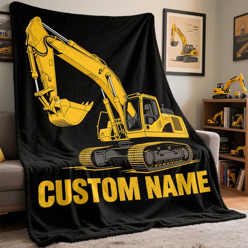 Personalized Excavator Theme Custom Name Construction Vehicle Kids Cozy Bedroom Decor Blanket Blanket