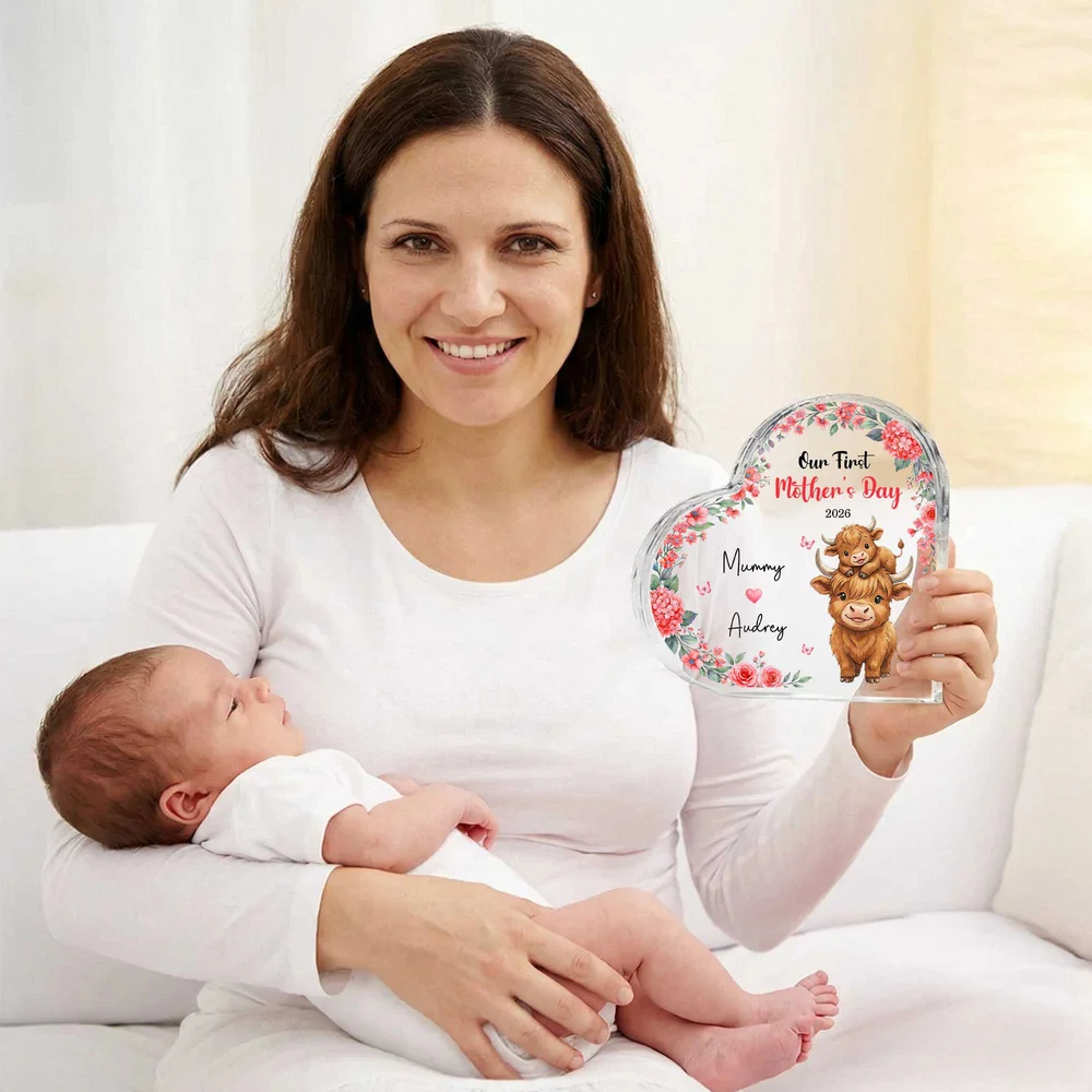 Personalized 1st Mother's Day Cute Parent-Child Animal Heart Acrylic Plaque with Name Home Decor Mother's Day Birthday Gift for New Mom