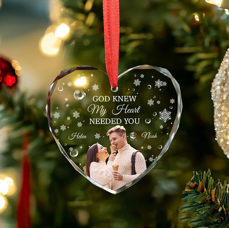 Personalized God Knew My Heart Needed You Couple Christmas Glass Ornament with Custom Name and Photo Romantic Holiday Gift Anniversary Gift for Couple