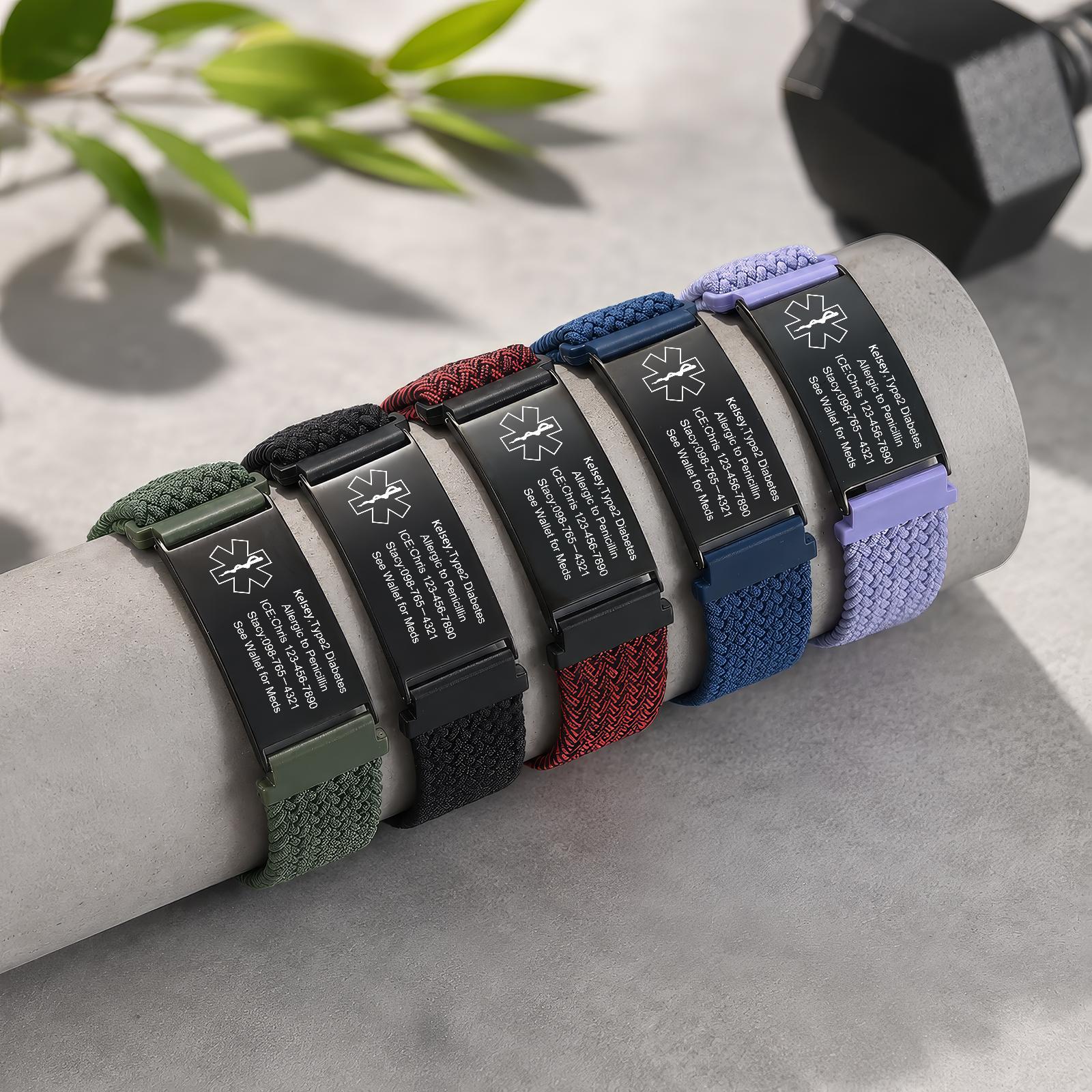 Personalized Medical Alert Bracelet Elastic Nylon Emergency Wristband Engraved Sport Medical Alert ID Adjustable Bracelet Health ID Men Women