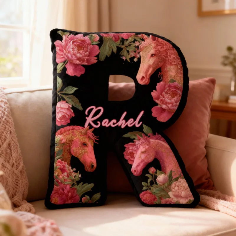 Personalized Riding Equestrian Floral Letter Pillow Horse Custom Name Festive Flower Decor with French Countryside Gifts for Family Graphic 3D Print for Riding Lovers Equestrian Lovers