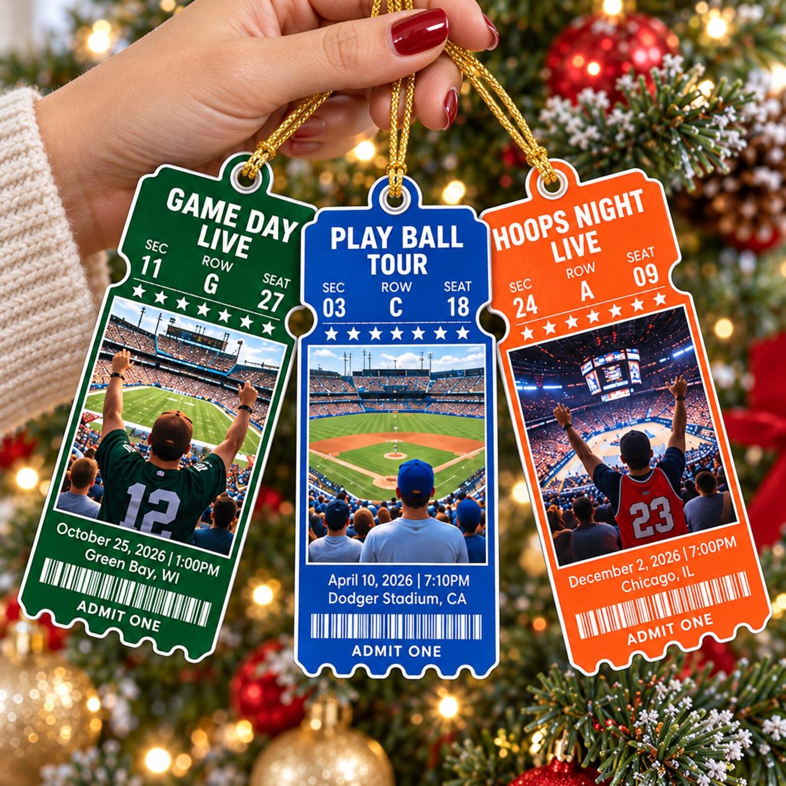 Personalized Game Day Match Ticket Ornament, Custom Photo Sports Travel Keepsake, Gift for Sport Lovers, Ornament Family Match Game Decor