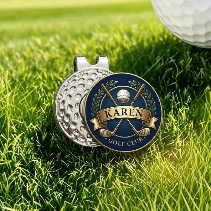 Personalized Golf Hat Clip with Custom Name, Crossed Clubs and Ball Marker for Golf Lovers