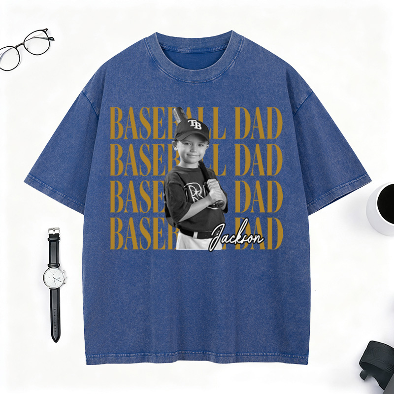 Personalized Sports Dad Washed T-Shirt Custom Photo and Text Best Dad By Par Vintage Style Gift For Sports Dad Father's Day
