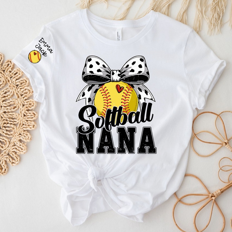 Personalized Softball Nana Shirt – Custom Grandma T‑Shirt with Bow and Name, Gift for Proud Softball Grandma