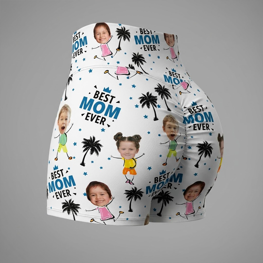 Personalized Best Mom Ever Custom Kids Face Print High Waisted Scrunch Butt Workout Shorts Mothers Day Gift Yoga Shorts