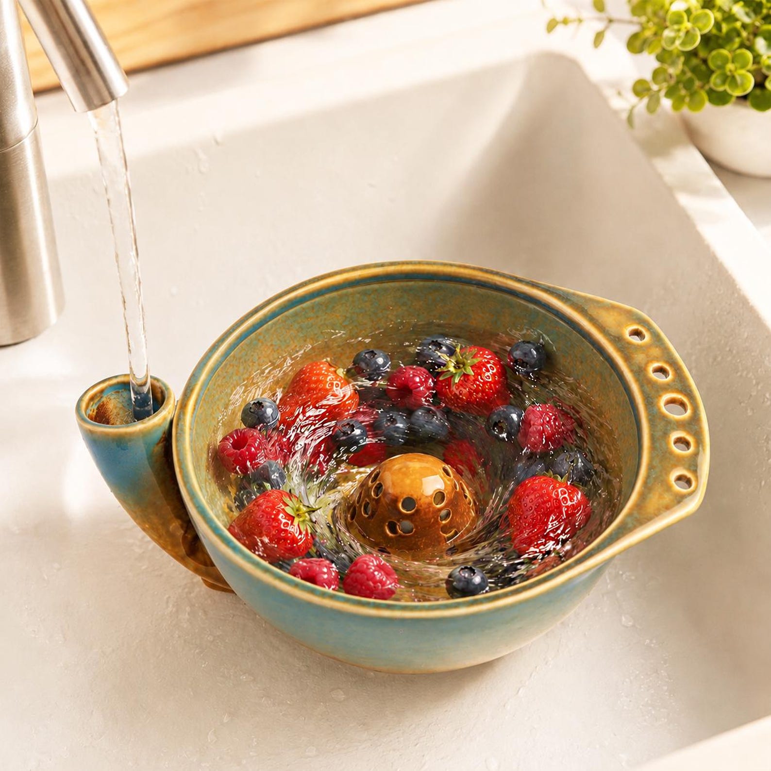 Vortex Berry Washing Bowl Handmade Ceramic Fruit Rinse Bowl Strawberry Blueberry Rinser Kitchen Colander Gift