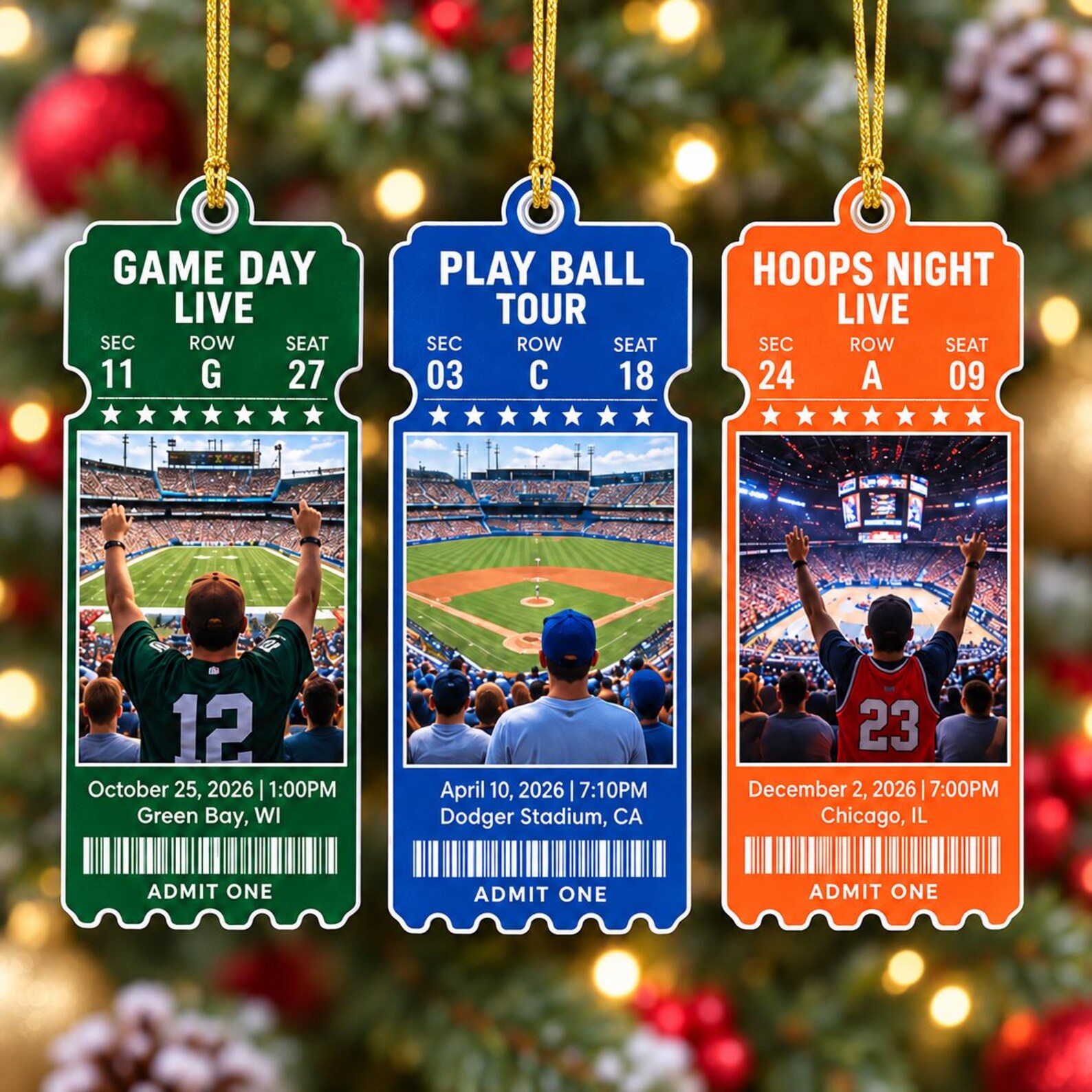 Personalized Game Day Match Ticket Ornament, Custom Photo Sports Travel Keepsake, Gift for Sport Lovers, Ornament Family Match Game Decor