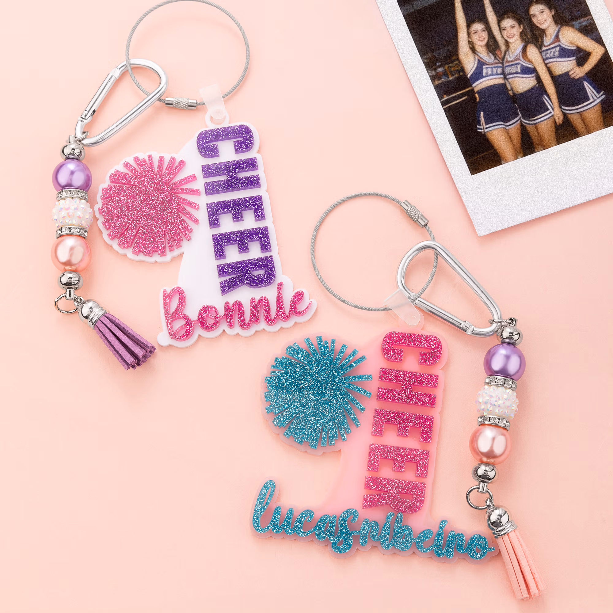 Personalized Glitter Bow Ribbon Cheering Horns Charm Keychain with Name and Tassel Sports Team Birthday Gift for Cheerleader
