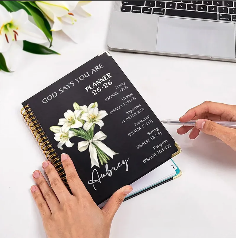 Personalized Flower Bouquet Bible Verse Planner 25-26 Spiral A5 Notebook with Name Birthday Gift Religious Gift for Christian