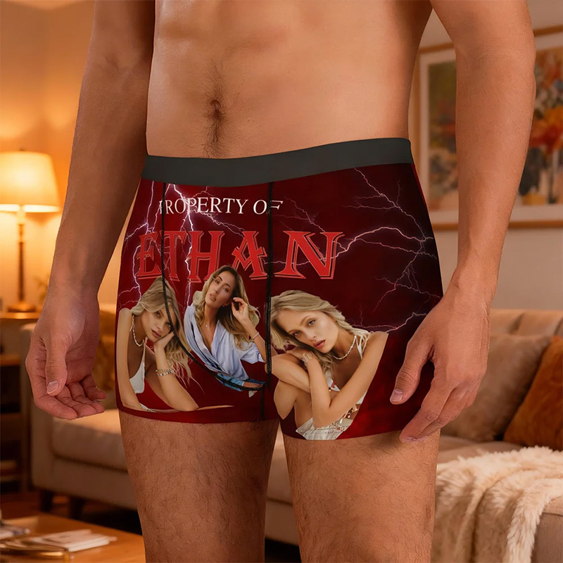 Personalized Girlfriend Wife Face Boxer Brief Property of 3 Face Photos Men Underwear with Woman Face Valentines Day Gift for Boyfriend Husband