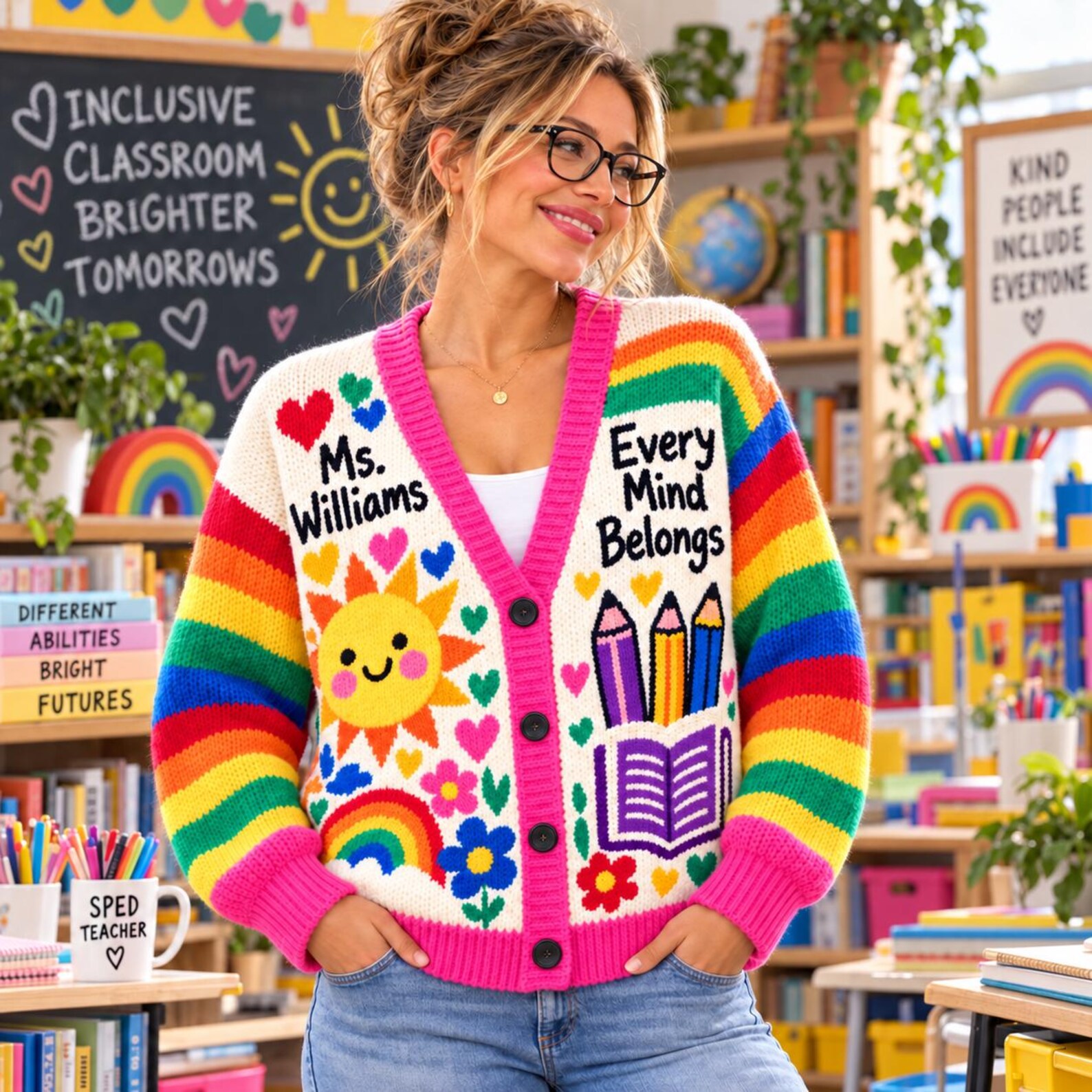 Personalized Teacher Cardigan Custom Name Rainbow Fall Sweater