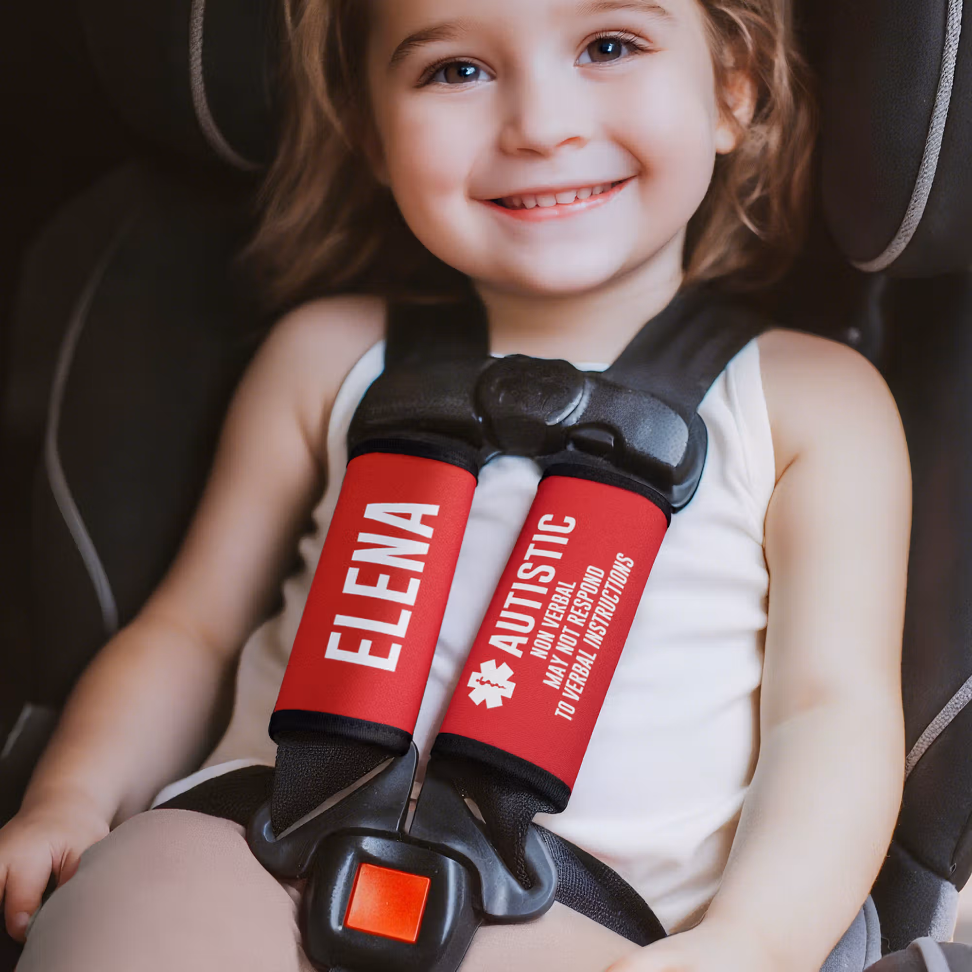 Personalized Multicolor Emergency Alert Carseat Straps with Name and Text Set of 2 Birthday Caring Gift for Allergy Autism Kids Family