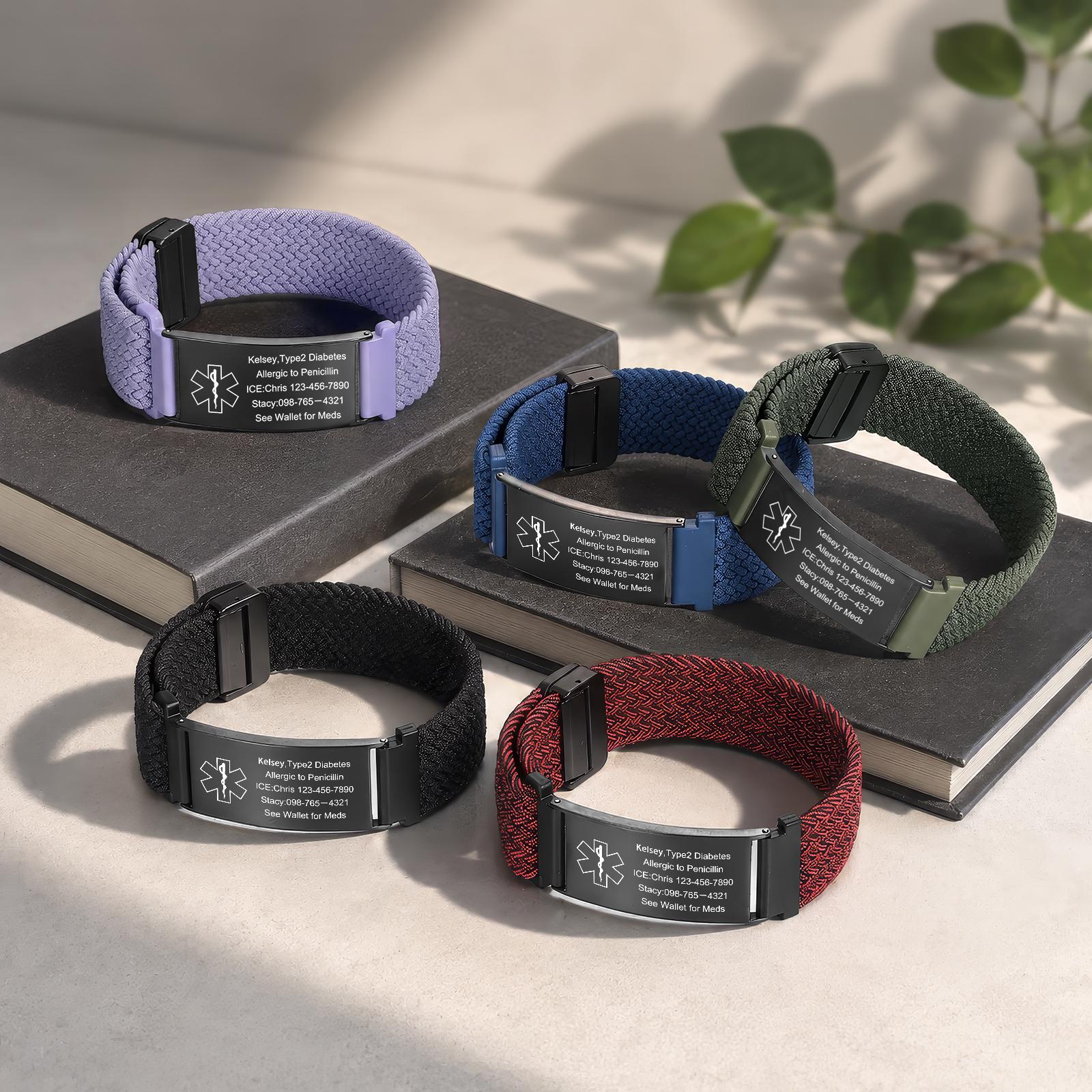 Personalized Medical Alert Bracelet Elastic Nylon Emergency Wristband Engraved Sport Medical Alert ID Adjustable Bracelet Health ID Men Women