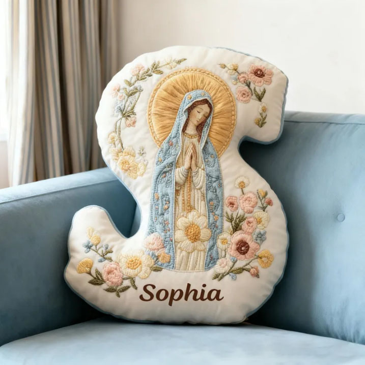 Personalized Virgin Mary Letter Pillow with Custom Name Home Decor Religious Gift for Her Catholic Gift for Women Floral Graphic 3D Print Pillow