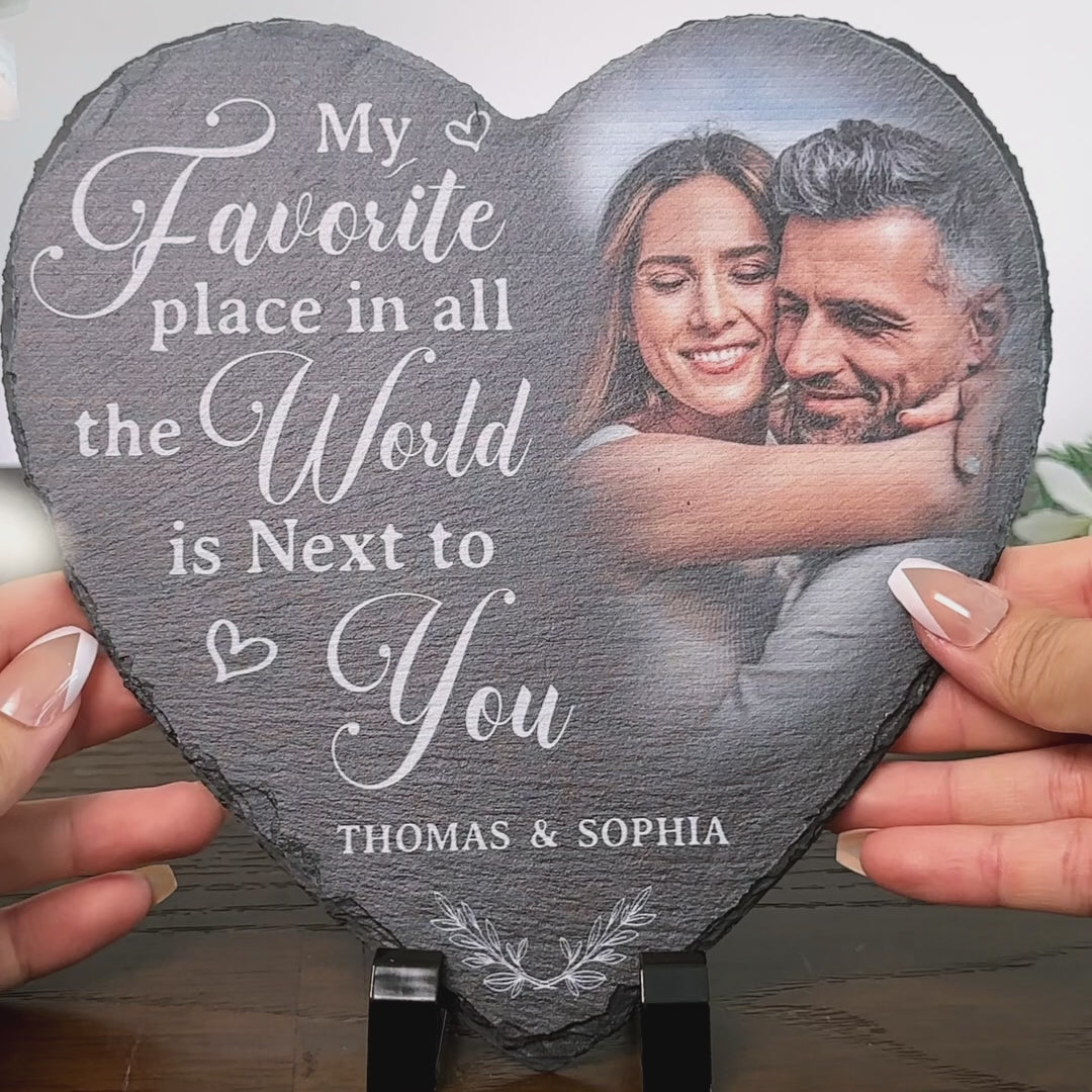 Personalized Couple Photo My Favorite Place In All The World Is Next To You Heart Shaped Stone With Stand First Christmas Gift Valentine's Day Gift
