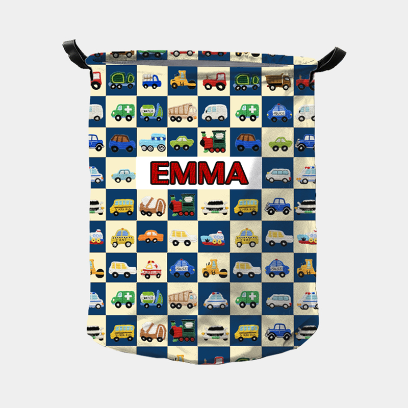 Personalized Cute Car Plaid Print Large Waterproof Laundry Storage Basket with Handle Custom Name Gift for Kids