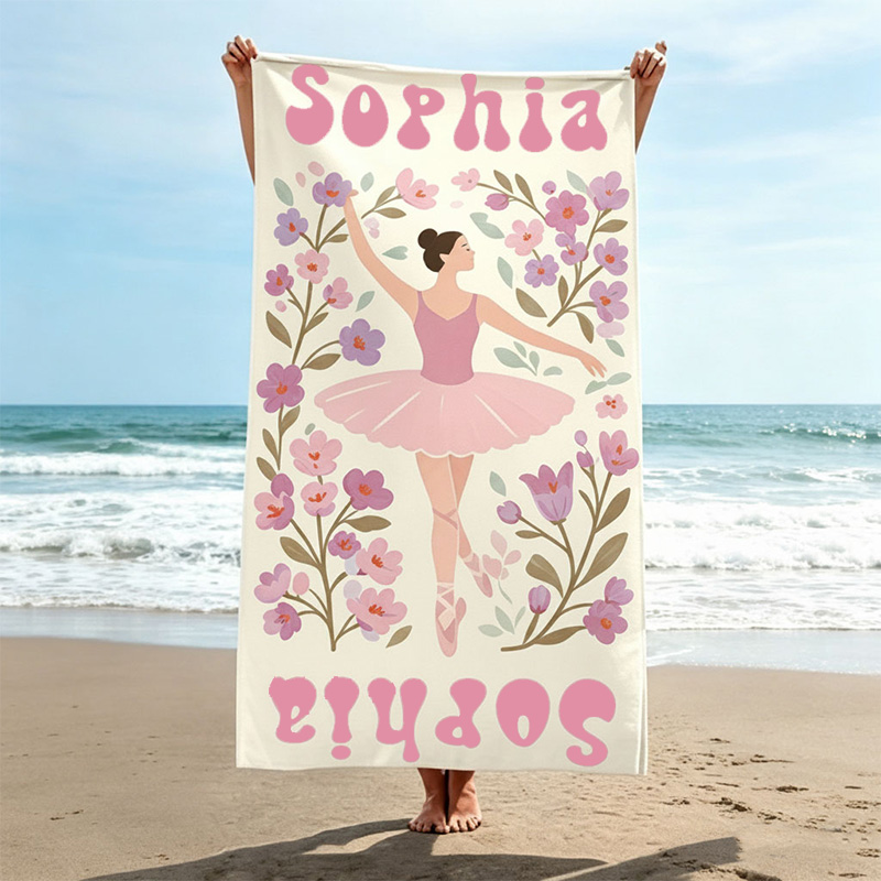 Personalized Multicolor Birth Flower Quick Dry Oversized Beach Towel with Name Summer Vacation Pool Party Gift for Women Dance Lovers Ballet Lovers
