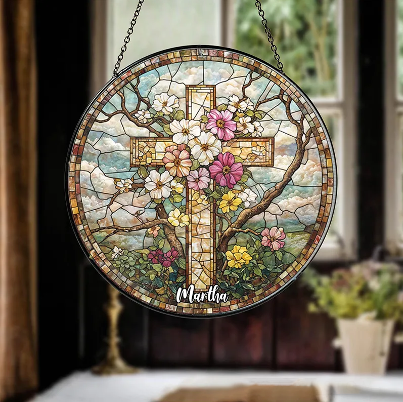 Personalized Floral Cross Stained Glass Suncatcher Ornament with Name Window Balcony Hanging Decor Home Decor Religious Gift