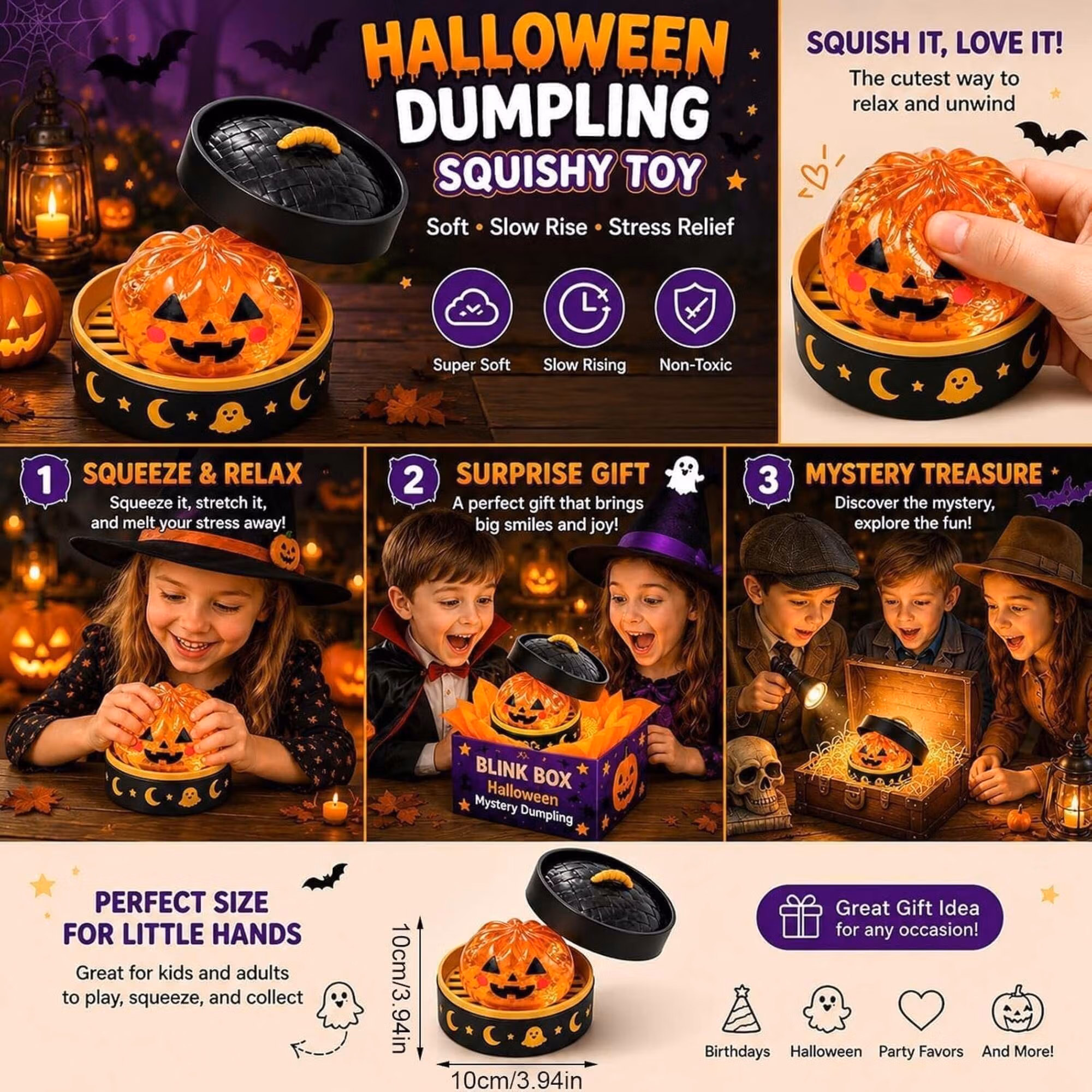 Halloween Mystery Glitter Dumpling Squishy Box Set Ghost Pumpkin Eyeball Design Soft Stress Relief Fidget Toy Party Favor Gift
