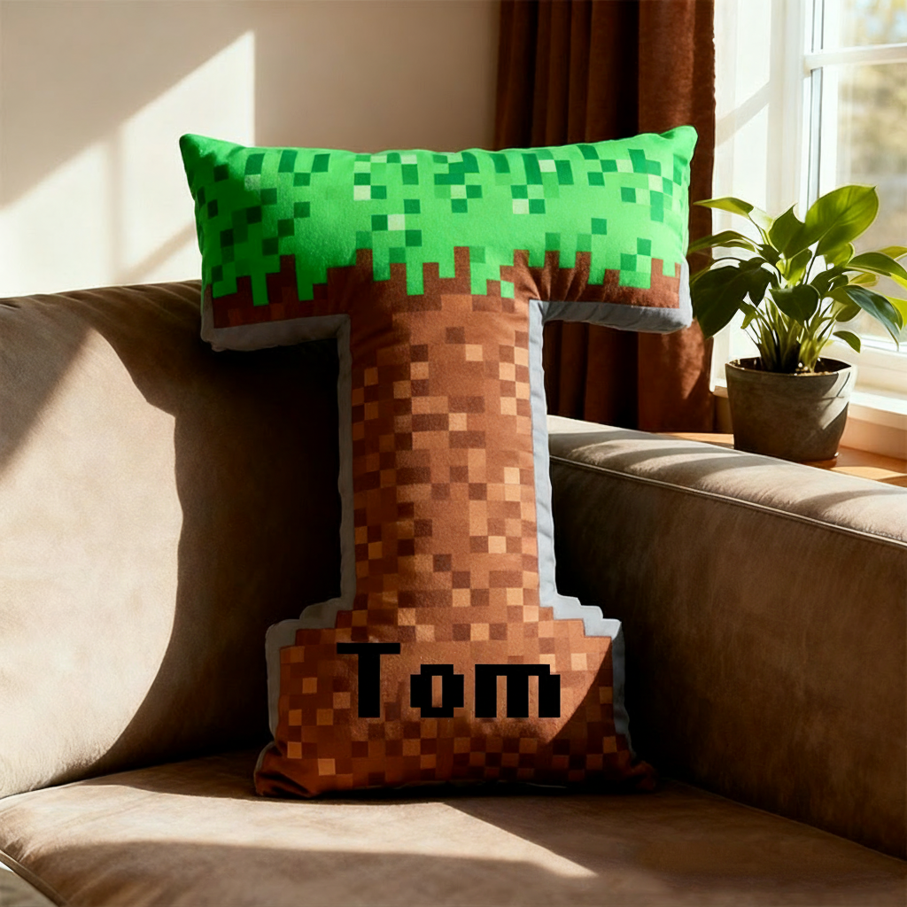 Personalized Pixel Grass Graphic 3D Print Alphabet Shaped Pillow for Game Lovers Initial Pillow Christmas Gift for Kids