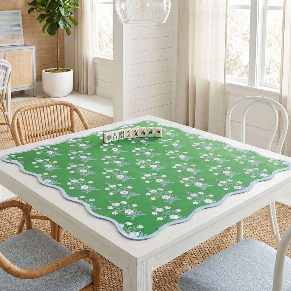 Mahjong Mat Scalloped Premium Neoprene Game Table Protector Green Blockprint Floral Design Mahjong Gift Enthusiast Playing