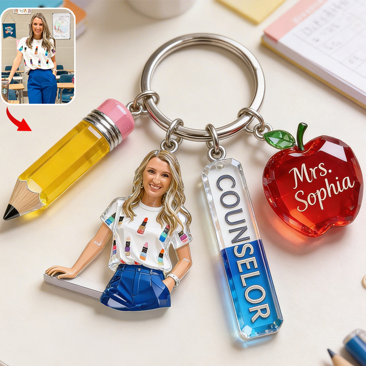 Personalized Any Photo Gift For Teacher/Educator Custom Teacher Premium Keychain with Charms