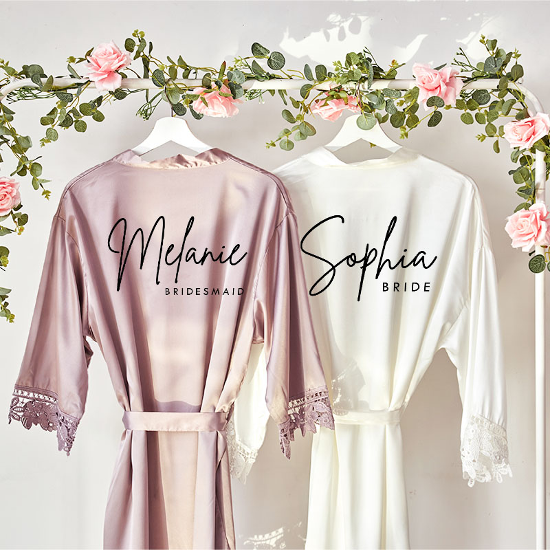 Personalized Bridesmaid Name and Title Robes Custom Bride Name with Heart Wedding Dressing Gown Maid of Honor Bachelorette Party Bridal Shower Gift