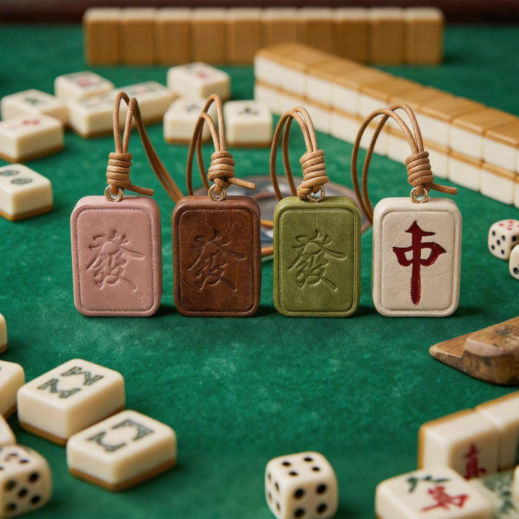 Lucky Mahjong Leather Charm Keychain Chinese Style Fa Cai Red Zhong Pendant Handmade Bag Charm Phone Strap Fortune Gift Accessory