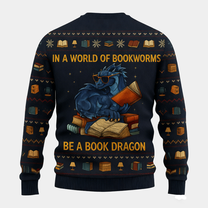 Personalized Funny Dinosaur Reading Ugly Christmas Sweater Gift for Book Lovers 
