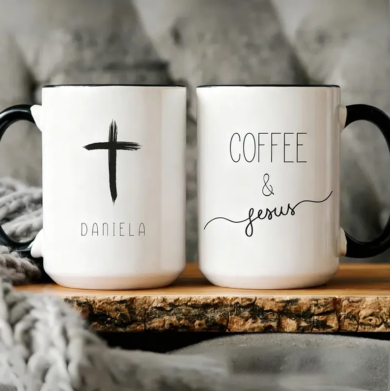 Personalized Coffee and Jesus Christian Coffee Mug with Custom Name Bible Book Mug Gift for Her Religious Morning Gift Christian Gift for Coffee Lover