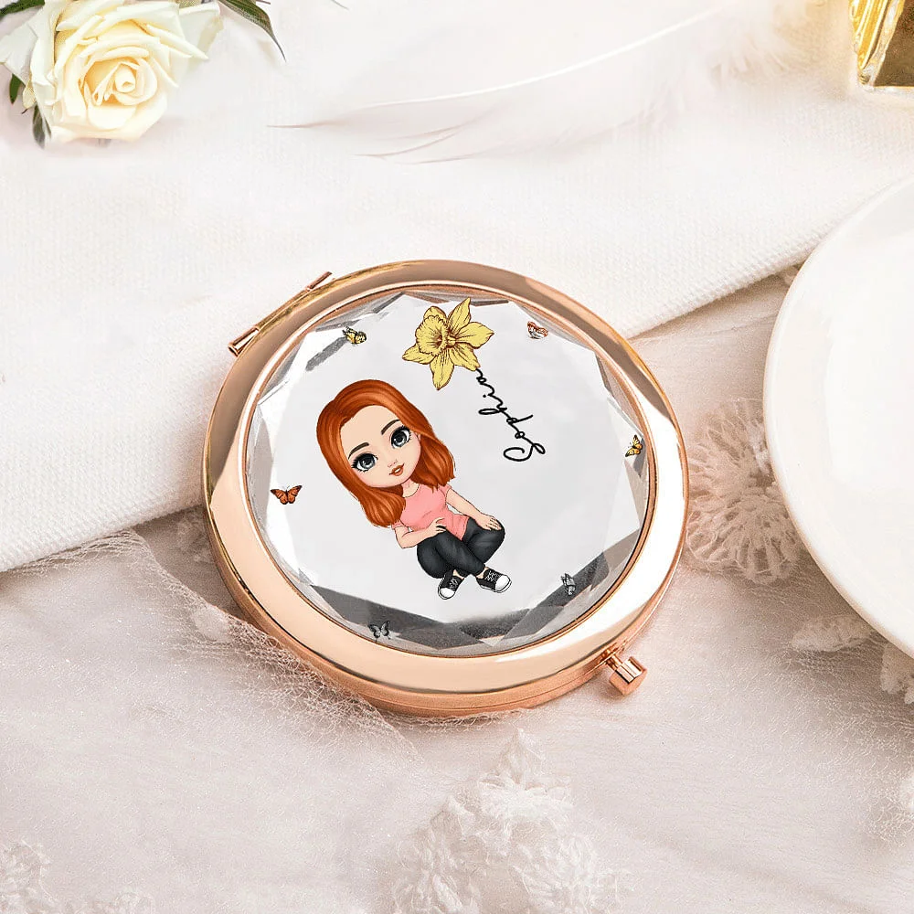 Personalized Cartoon Character Compact  Bridesmaid Pocket Makeup Mirror with Birth Flower and Name Birthday Bridesmaid Gift for Her