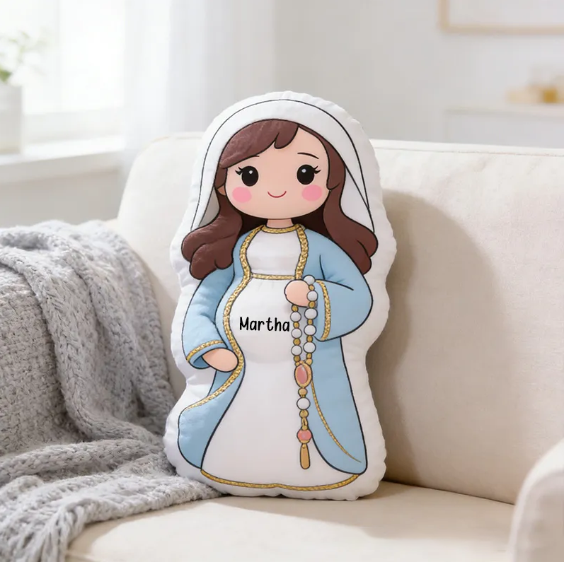 Personalized Pregnant Virgin Mary Pillow with Custom Name Home Decor Catholic Gift for Expectant Mother Our Lady of Expectation Doll Graphic 3D Print