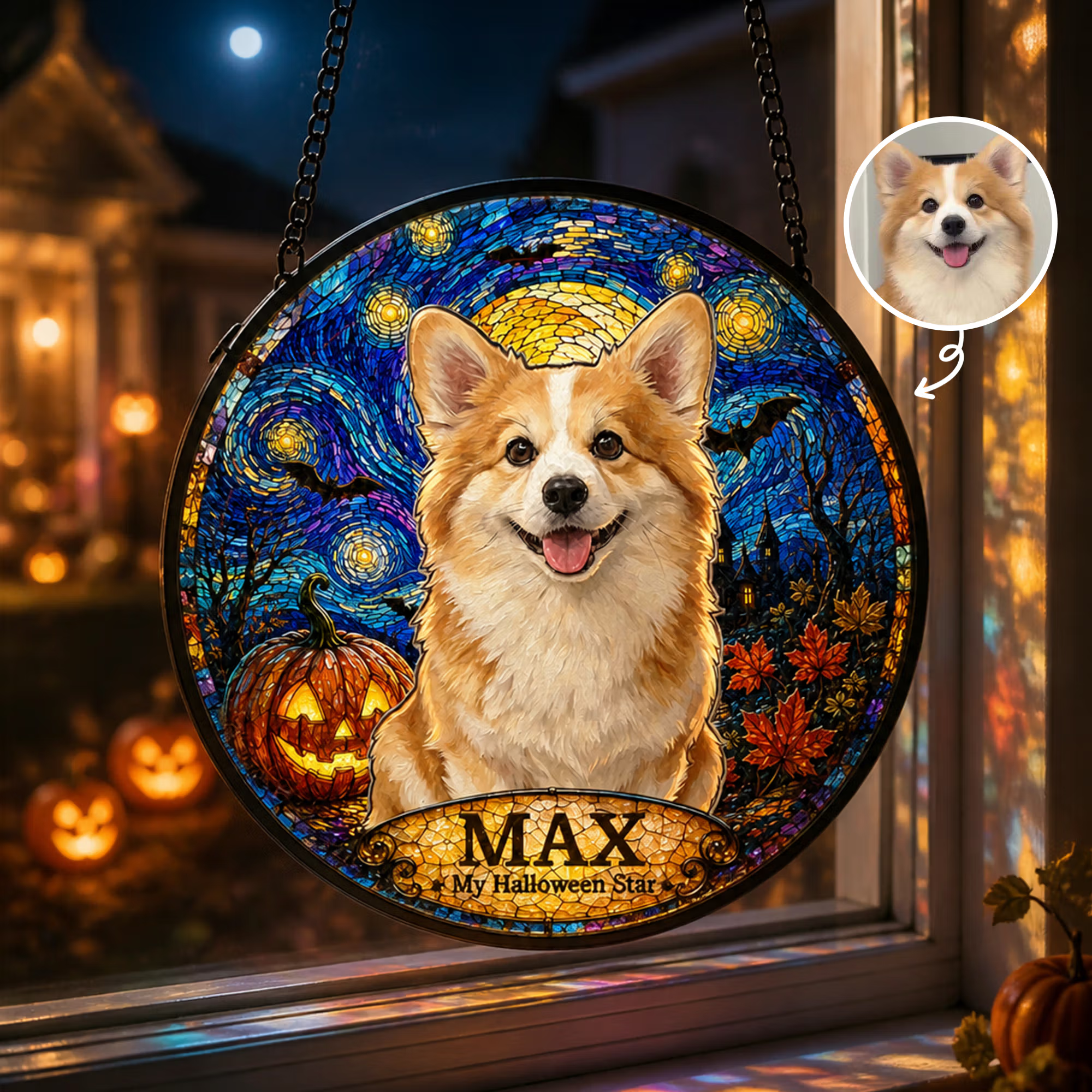 Personalized Stained Glass Style Van Gogh Art Pet Photo Window Hanging Suncatcher with Name Memorial Halloween Gift for Pet Owners