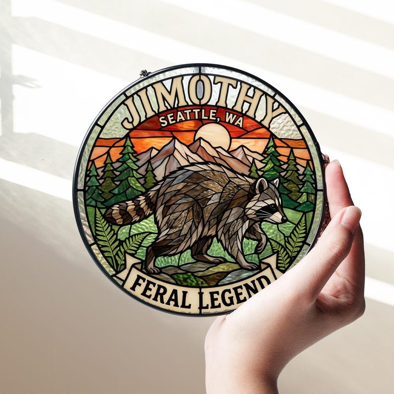 Raccoon Feral Legend Stained Glass Suncatcher Viral Seattle Meme Decor Cute Raccoon Ornament