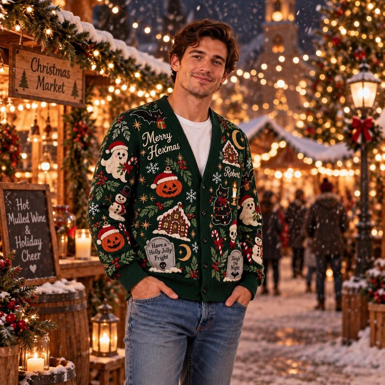 Personalized Spooky Christmas Knitted Cardigan: Custom Name Merry Hexmas Sweater