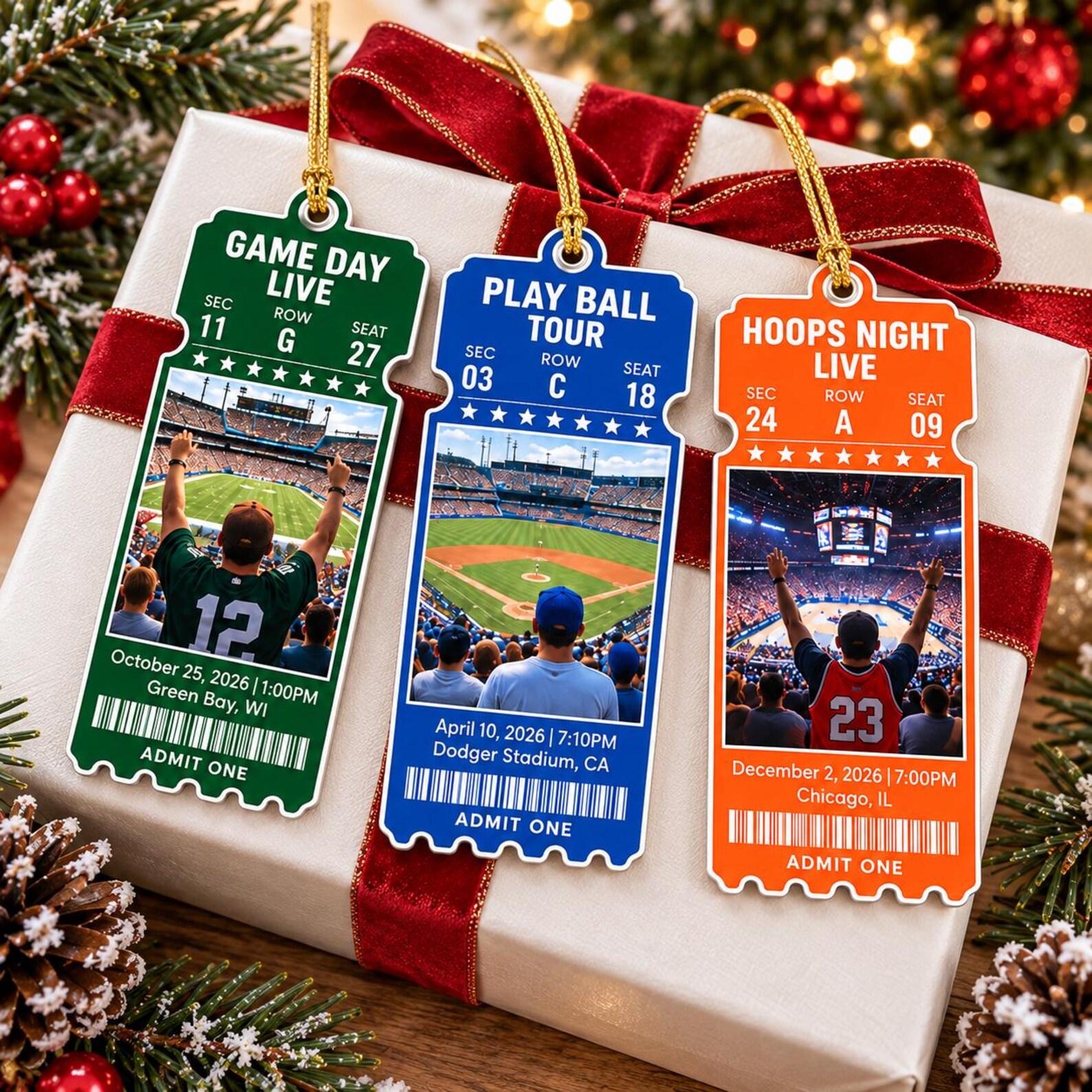 Personalized Game Day Match Ticket Ornament, Custom Photo Sports Travel Keepsake, Gift for Sport Lovers, Ornament Family Match Game Decor