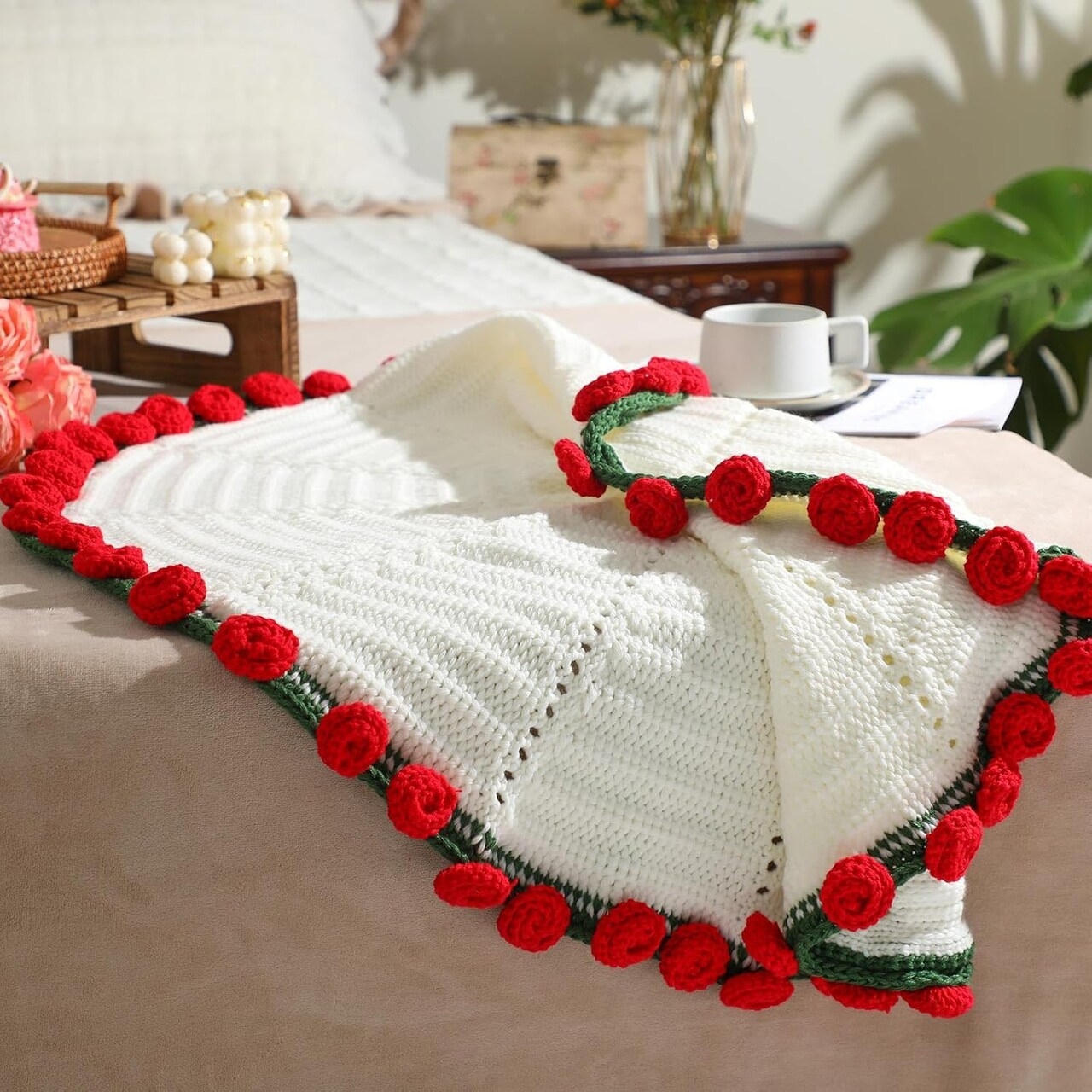 Personalized Crochet Rose Bouquet Blanket Custom Name for Romantic Gifting for Her Mother's Day Gift 