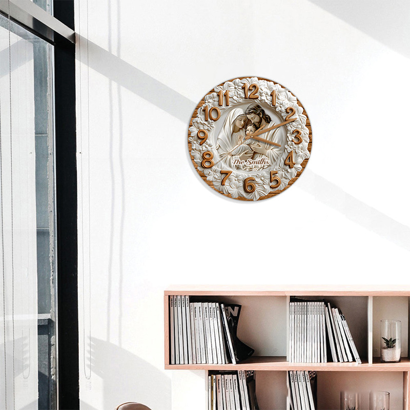 Personalized the Holy Family Wall Clock with Custom Family Name Graphic 3D Printed Wall Clock Home Decor Religious Gift for Christians