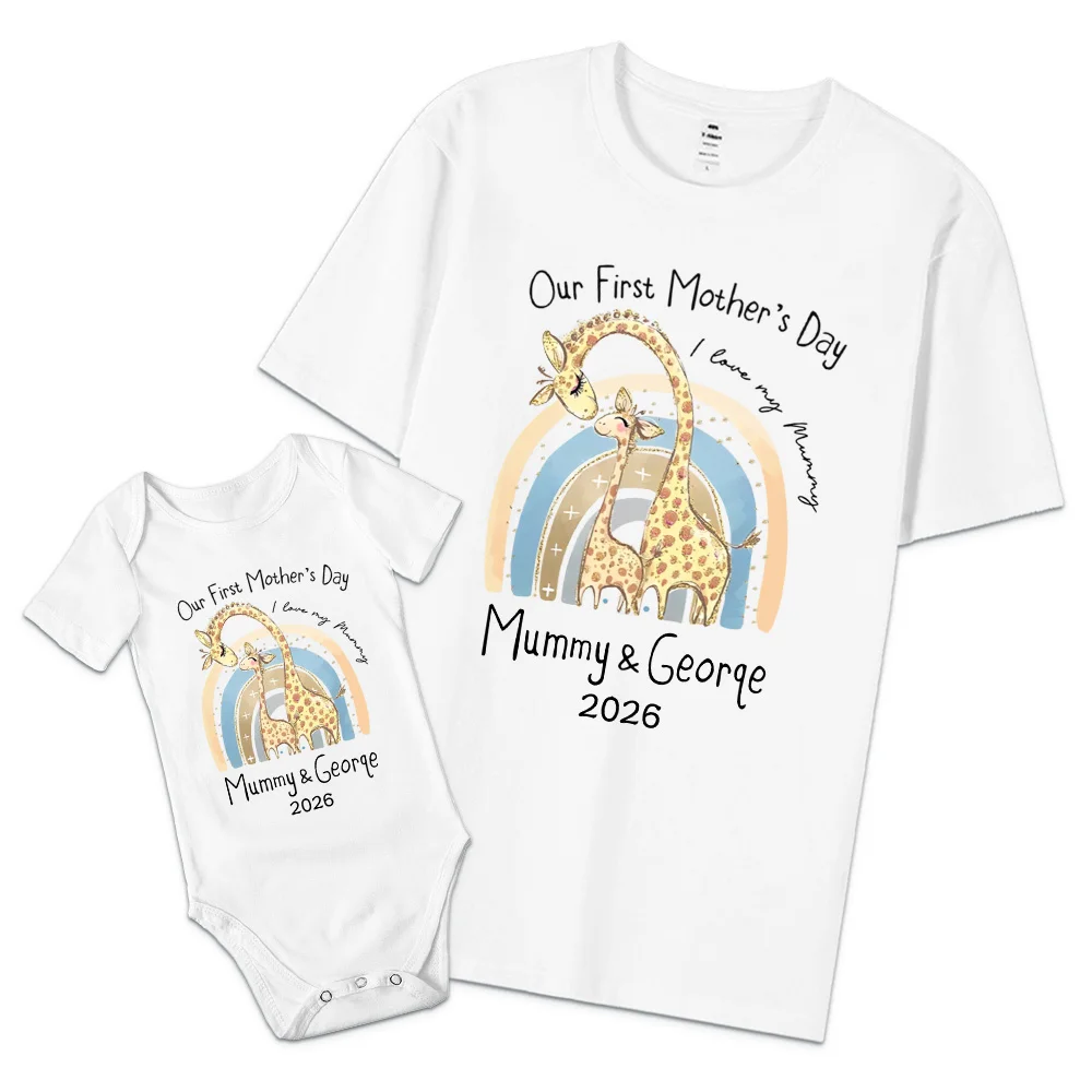 Personalized Cute Bear Bunny Giraffe 100% Cotton T-Shirt and Baby Onesie Our First Mother's Day T-shirt Funny Mummy and Baby Gift Mama and Me tee Baby bodysuit