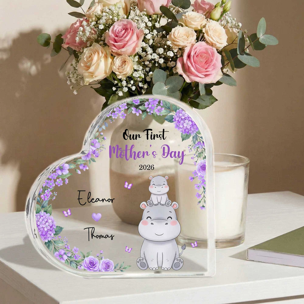 Personalized 1st Mother's Day Cute Parent-Child Animal Heart Acrylic Plaque with Name Home Decor Mother's Day Birthday Gift for New Mom