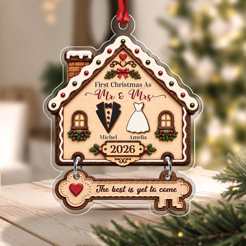 Personalized First Christmas As Mr & Mrs Married Ornament, Gingerbread House Acrylic 2D Flat