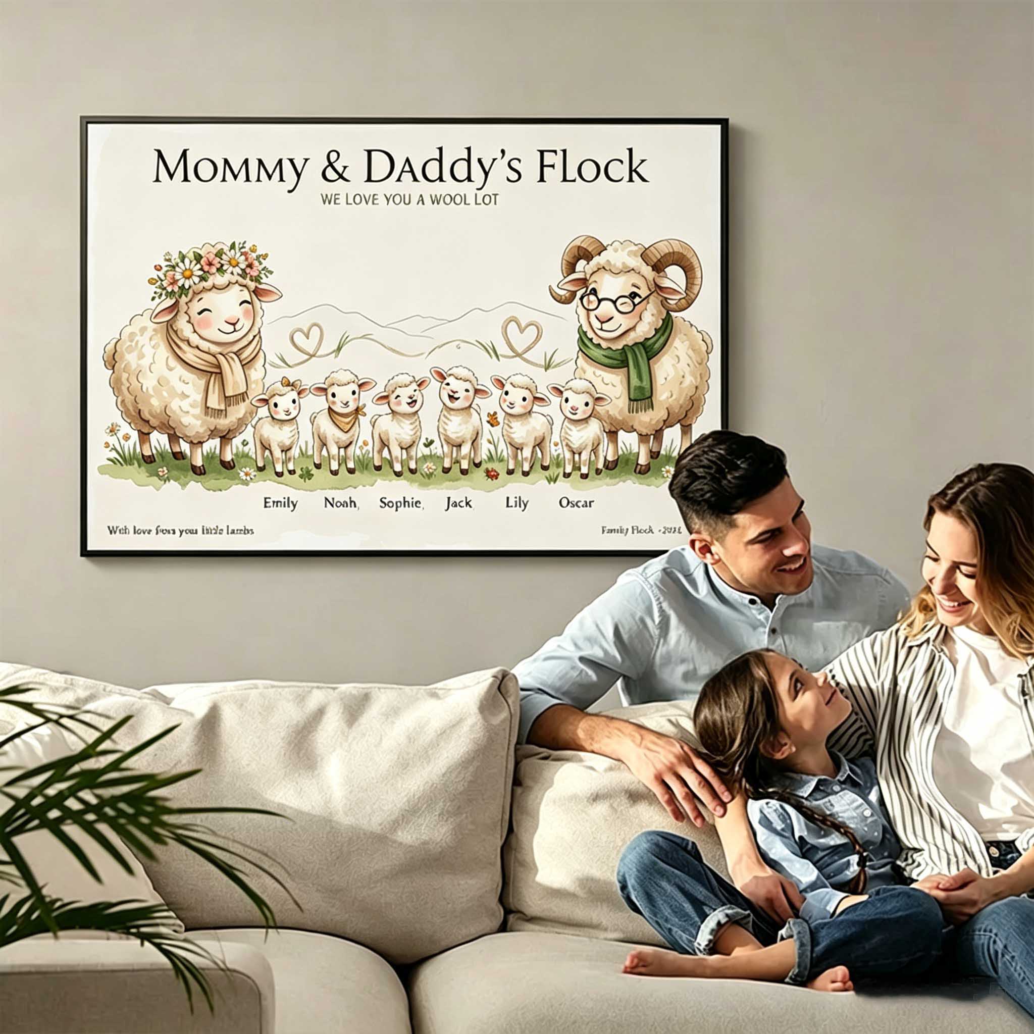 Personalized Goat Family Poster Frameless Framed Painting with 2-10 Names Home Decor Birthday Mother's Day Father's Day Gift for Mom Dad