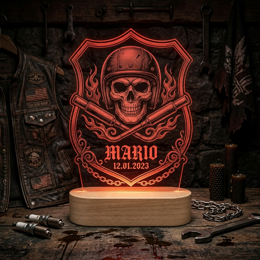 Personalized Biker Skull Helmet Acrylic LED Night Light Personalized Name Date Lamp For Motorcycle Fans