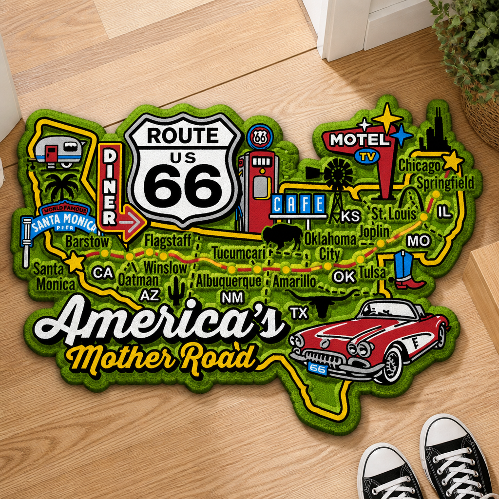 Route 66 America's Mother Road Irregular Shaped Rug Vintage US Map Decorative Floor Mat Retro Road Trip Non Slip Doormat for Entryway Garage Man Cave