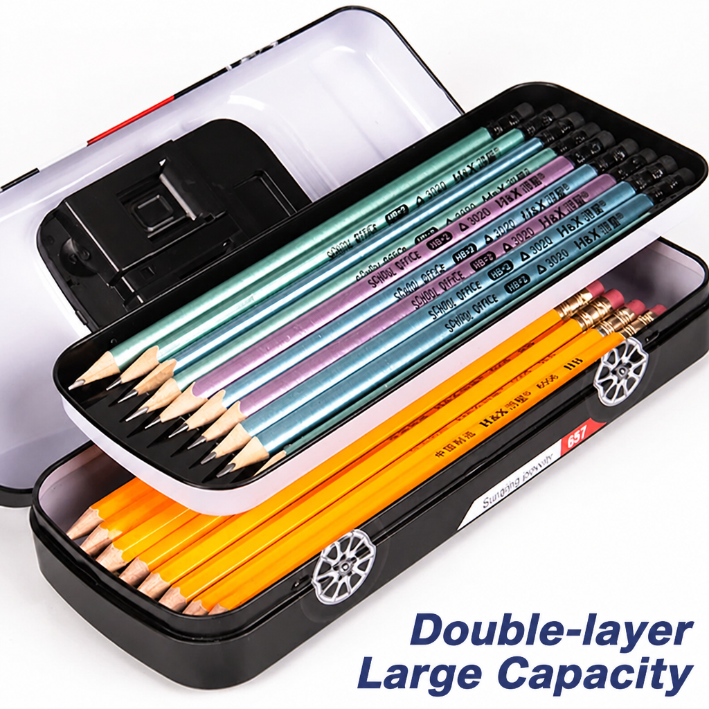 Cool Convertible Race Car Metal Pencil Case Large Double Layer Stationery Box Perfect Gift For Boys First Day At School