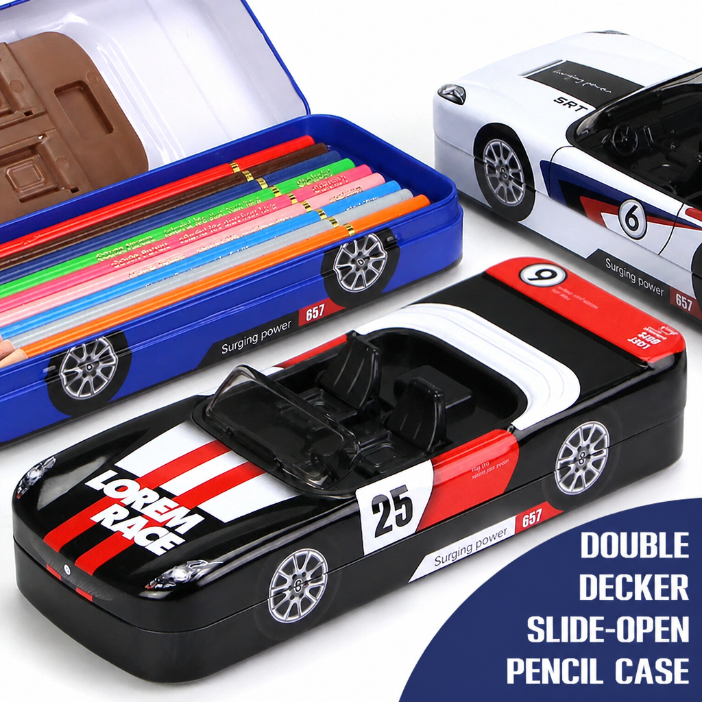 Cool Convertible Race Car Metal Pencil Case Large Double Layer Stationery Box Perfect Gift For Boys First Day At School
